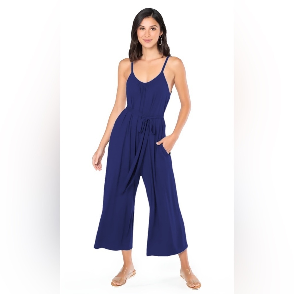 Tori Richard Zadie Holiday Jersey Tie Waist Wide Leg Jumpsuit In Navy Blue Sz L